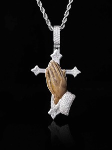 Collar con Colgante de Cruz y Manos en Oración, Estilo Hip Hop Cristiano, Chapado en Rodio, Plata 925, con Microincrustaciones de Diamantes, para Fiesta - Product Image 1