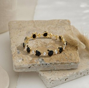 Oval Cut Black Onyx <b>Charm</b> Bracelet in 925 Sterling <b>Silver</b> Gold Plated Elegant Black Gemstone Luxury Statement Jewelry - Product Image 4