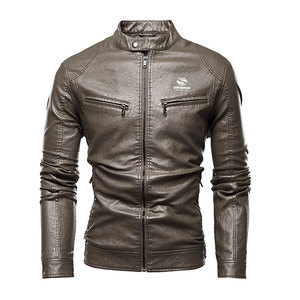 Brown Mens Leather <b>Jacket</b> Stand Collar <b>Slim</b> <b>Fit</b> Motorcycle Biker <b>Jacket</b> Windproof Winter Casual Zipper Leather Coat - Product Image 1