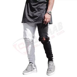 Custom Color-Block Fashion Two-Tone Men Stylish-Ripped Biker Slim-Stretched Frayed-Denim Trousers Fashion Jeans Pants - Product Image 1