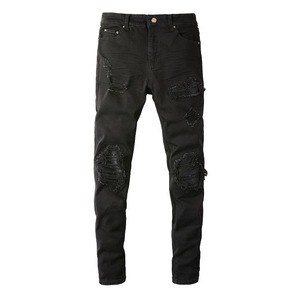 Wholesale Fashion Trend Black Pleated Fabric Ripped <b>Jeans</b> Men's Slim Fit <b>Elastic</b> Denim Pants for Men - Product Image 3