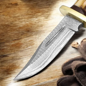 Damascus Steel Outdoor Hunting Knife With Long Cutting Blade Decorative Antler Handle Protective Finger <b>Guard</b> And Leather - Product Image 5
