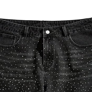 Shorts de Mezclilla Personalizados al Por Mayor, Estilo Urbano, Cintura Media, para Hombre, con Pedrería, Color Sólido, Tejido Transpirable y Ecológico - Product Image 3