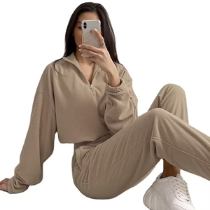 Women's Beige Knitted Tracksuit Set Long Sleeve Collar High Waist Loose Fit Solid Color Casual All Seasons Full Length Zipper - Product Image 1