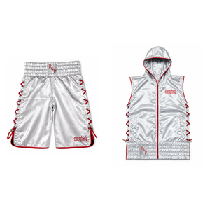 Custom Boxing Sleeveless Zip Hoodie <b>Silver</b> Satin Professional Set Martial Arts Training Vest Quick Dry Eco-Friendly Front - Product Image 6