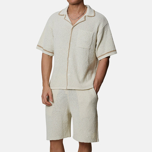 <b>Men's</b> Cream Cotton <b>Pajama</b> <b>Set</b> Short Sleeve Shirt And Bermuda Shorts Solid Color Casual Breathable Woven Fabric With Pockets - Product Image 3