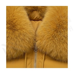Yellow Quilted Jacket With Fox Fur Collar Full Sleeve Winter Windproof Thick Polyester Filling Short Length Zipper Closure - Product Image 4