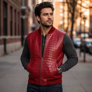 Gilet de motard en cuir véritable pour homme, gilet en cuir gaufré crocodile, Lederweste für Herren - Product Image 1