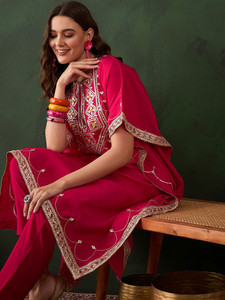 Women's Pink Kaftan Embroidered <b>Silk</b> <b>Kurta</b> Set With Trouser Traditional Loose Fit Knee Length Casual Wear India Pakistan Style - Product Image 5