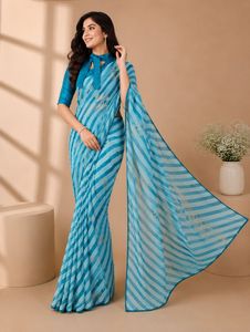Luxury Sky Blue Georgette <b>Saree</b> For Women Striped Print Bollywood Style Sarees With Unstitched <b>Blouse</b> Piece Indian Festive Party - Product Image 4