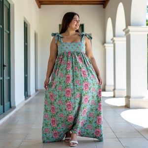 Vestido Maxi con estampado floral turquesa para niñas jóvenes Motivo floral femenino Correa de pajarita Estilo de verano aireado Cintura natural tejida - Product Image 4