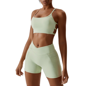 Ensemble de sport décontracté 2 pièces pour femme, lavande, haut dos nu et short taille haute, en tricot respirant, élasthanne, séchage rapide, écologique - Product Image 5