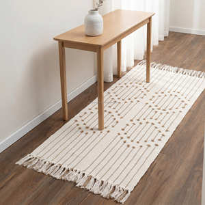 Bohemian Cotton Runner Rug with Neutral Geometric Pattern and Tassels for Hallway, Entryway & Farmhouse Interiors - Product Image 1