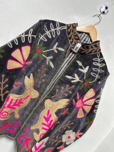 Vintage Black <b>Velvet</b> Suzani Embroidered <b>Jacket</b> With Floral And Rabbit Motif Full Sleeve Stand Collar Bohemian <b>Women's</b> Winter Coa - Product Image 5