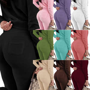 Ensemble de survêtement d'hiver pour femmes grande taille, couleur unie, sweat-shirt 100% coton avec pantalon de jogging deux pièces - Product Image 4