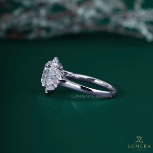 Round Brilliant Cut Lab Grown Diamond Three Stone Halo Engagement <b>Ring</b> 18K White Gold Half <b>Moon</b> Side Stones Cluster Bridal <b>Ring</b> - Product Image 4