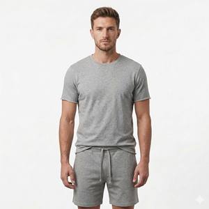 Conjunto de camiseta y pantalones cortos de felpa gris jaspeado de primera calidad con dobladillo sin rematar, de felpa francesa, con logo personalizado, conjunto de 2 piezas, estilo urbano. - Product Image 5