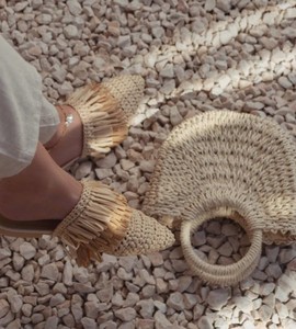 Beige Handwoven Pointed Toe Wicker Barefoot <b>Mules</b> | Straw Sandals with Tassel | Bamboo Yarn Slides - Product Image 2