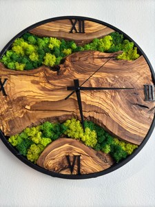 Handmade Olive Wood Moss <b>Wall</b> <b>Clock</b> Rustic Natural Home Eco-Friendly Wooden Moss <b>Clock</b> <b>Unique</b> Forest-Inspired Home Decor Piece - Product Image 3