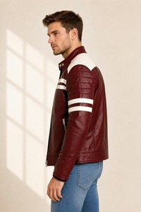 Mens <b>Burgundy</b> <b>Leather</b> Cafe Racer Biker <b>Jacket</b> Slim Fit Maroon Motorcycle Coat - Product Image 3