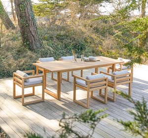 Solid Teak Wood <b>Rectangular</b> Outdoor Dining Table Set 6 Piece Blocky Frame Armchairs with <b>Cushion</b> - Product Image 1