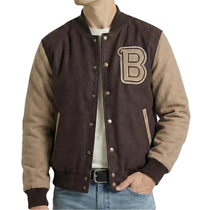 <b>Men's</b> Varsity <b>Jacket</b> Brown Beige Letter B Embroidered Casual Cotton Polyester Autumn Turn-down Collar Regular Sleeve - Product Image 4