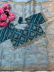 Sari Zimmy de diseñador para fiestas, con bordado de lentejuelas, trabajo de jhal y butti, y blusa de seda con bordado completo. - Product Image 4