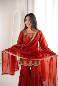 Traje Sharara Palazzo de Seda Fendy para Mujer, Bordado con Lentejuelas y Trabajo Zarkan, Dupatta, Ropa de Fiesta, Traje Étnico para Boda - Product Image 6