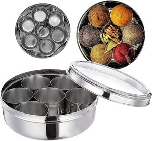 Étagère à épices en acier inoxydable poli de qualité supérieure, boîte à masala avec 7 couvercles en verre, style moderne, 7 récipients à condiments - Product Image 3
