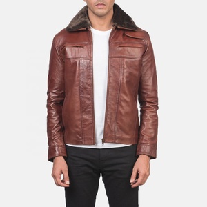 High Quality Designs Casual Slim Plus Size <b>Men's</b> <b>Brown</b> <b>Leather</b> Winter <b>Jacket</b> Windproof Stand Collar Plain Solid with Logo - Product Image 1