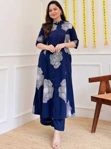 Conjunto de Kurta Tradicional de Algodón Azul Marino Estampado de Secado Rápido para Mujer, Corte Regular, Ropa Casual Étnica de India y Pakistán - Product Image 4
