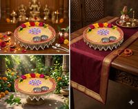 Ensemble de thali de prière décoratif Jaipurios en acier fait main de 12 pouces, style fusion moderne et traditionnel, avec contenants pour Roli Chawal et motif floral en corde