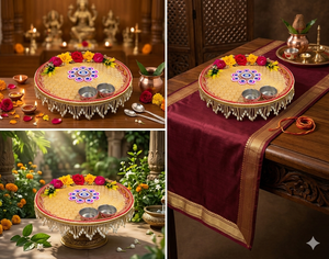 Hermoso juego de thali decorativo hecho a mano en Jaipur con contenedores de Roli Chawal, diseño floral, para festivales. - Product Image 2