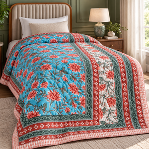 Lit simple Malmal Razai |   Couette 100% coton, rembourrage en pur coton, imprimé floral, style hôtel classique, lavable, literie toutes saisons - Product Image 1