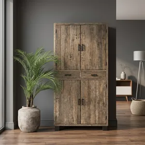 Armoire de rangement haute en bois rustique artisanal, quatre portes, deux tiroirs, organisateur, meuble de maison vintage style ferme - Product Image 4