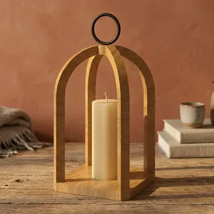 Farol de madera rústico con arco, marco de veta natural, diseño de jaula abierta y anillo superior negro para un toque de estilo rústico. - Product Image 5