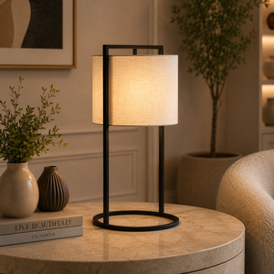 Lampe de table en métal Luna Arc avec cadre en fer courbé, abat-jour en lin de qualité supérieure, éclairage ambiant chaud pour les intérieurs modernes - Product Image 3