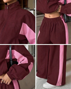 Wholesale Custom OEM Women's Cropped <b>Track</b> Jacket Wide Leg <b>Pants</b> Zip Up Stand Collar Baggy Windbreaker Tracksuit Women Set - Product Image 5