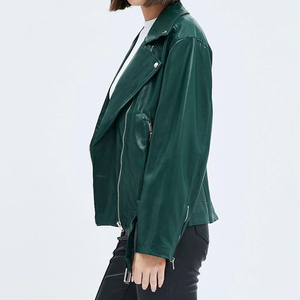 Veste moto en cuir vert pour femme, en peau de mouton, col montant, fermeture éclair, coupe classique, style hiver - Product Image 2
