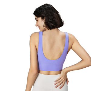 Women's Deep V-Neck Seamless Sports <b>Bra</b> Medium Support Spaghetti Strap Solid Color Yoga Activewear <b>Blue</b> - Product Image 2