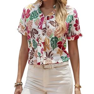 Blusa de Mujer con Estampado Floral Tropical, Cuello en V, Manga Corta, Estilo Casual para Verano - Product Image 3