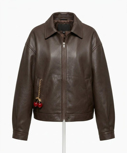 <b>Women's</b> <b>Brown</b> Genuine Sheep Skin Woven Zip Blouson <b>Jacket</b> Solid Pattern Turn Down Collar with Cherry Chain Charm Winter Autumn - Product Image 1
