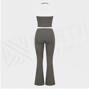 North Approach 2 Piece Yoga Set Solid Gray Halter Crop Top High Waist <b>Flared</b> <b>Leggings</b> Breathable Seamless Sportswear - Product Image 3