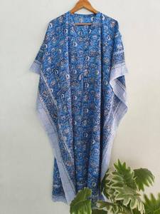 Floral Bagru Print Cotton Kaftan : Indian <b>Long</b> <b>Boho</b> Maxi Summer <b>Dress</b> V - Neck Loungewear - Product Image 5