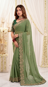 <b>Green</b> Embroidered <b>Silk</b> Saree <b>Blouse</b> for Women Wedding Traditional Indian Pakistani Style Floor Length Regular Fit Sun Protection - Product Image 6