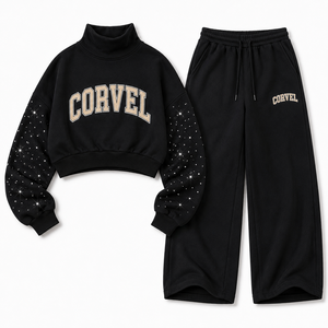 Ensemble de survêtement Y2K noir à strass, col montant, coupe courte, pour femme, avec impression de lettres en relief personnalisée, pantalon de survêtement ample et épais à jambes larges - Product Image 4