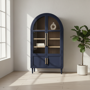 Vitrine rectangulaire en bois de caoutchouc, MDF, placage de chêne, écologique, portes à volets, 4 compartiments, meuble moderne pour salon - Product Image 4