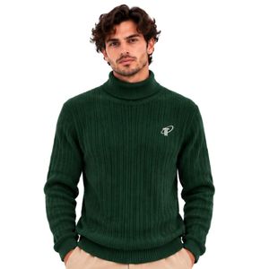 Suéter de cuello alto acanalado verde bosque oscuro para hombre, jersey de punto cálido de manga larga para invierno, top de moda informal - Product Image 1