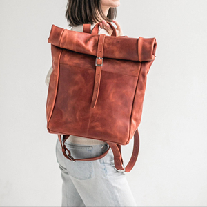 Artisan Genuine Leather <b>Roll</b> Top <b>Backpack</b> Vegetable Tanned Leather Luxury Travel Bag Custom Brand Rucksack LRTB-0107C - Product Image 1