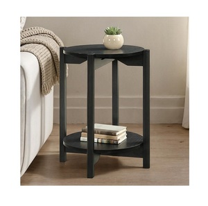 Contemporary Matte <b>Black</b> Accent <b>Table</b> 2 Layer <b>Round</b> Coffee <b>Table</b> with Built In Lower Storage Shelf and Extended Post Legs - Product Image 1